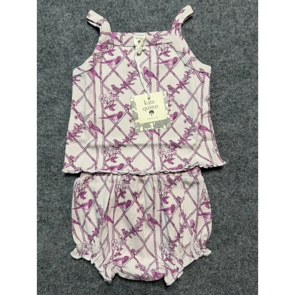 NWT Kate Quinn Tank and Bloomer Set 12-18m Purple Trellis Birds Lettuce Edge